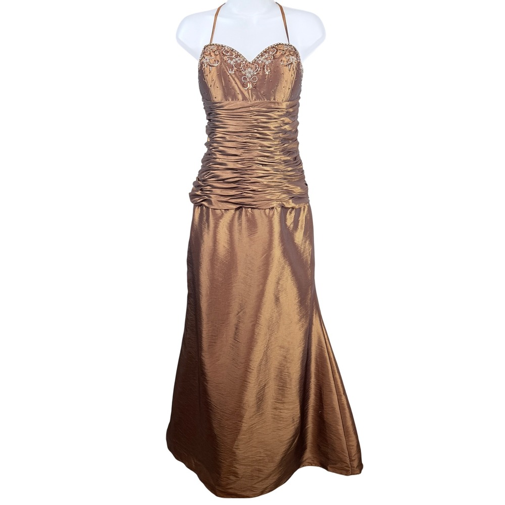 Vintage Y2K Sally USA Brown Bronze Beaded Homecoming Formal Maxi Dress XL